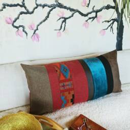 Ethnic Lumbar Pillow Cover Velvet, Faux Leather & Cotton, 14x29 Inch - thumbnail 3