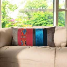Ethnic Lumbar Pillow Cover Velvet, Faux Leather & Cotton, 14x29 Inch - thumbnail 2