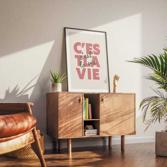 C'est La Vie - Pink & Green Print French Quote Poster, Wall Art, Affirmation Gift, Living Room Home Decor, Such Is Life, Modern Typography - image 1
