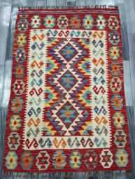 Multicolour Rug, Handmade Artisan Afghan Turkish Scandinavian Navajo Bohemian Flatweave Wool Kilim 150x104 cm - thumbnail 1