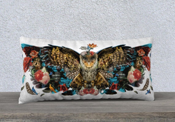 Owl Winged On White Velvet Throw Pillow Case, Lumbar Bohemian, Boho Pillow, Soft Velveteen, Cover Only, Back - image 1