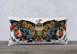 Owl Winged On White Velvet Throw Pillow Case, Lumbar Bohemian, Boho Pillow, Soft Velveteen, Cover Only, Back - thumbnail 1