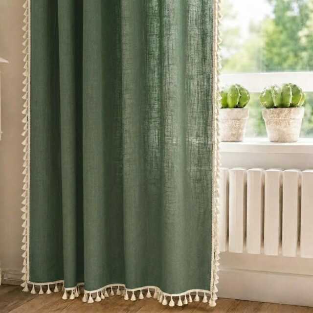 Vintage Green Cotton Linen Curtains With Tassel, Rod Pocket Semi Blackout Window Drape - image 1