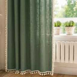 Vintage Green Cotton Linen Curtains With Tassel, Rod Pocket Semi Blackout Window Drape