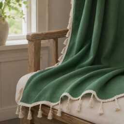 Vintage Green Cotton Linen Curtains With Tassel, Rod Pocket Semi Blackout Window Drape - thumbnail 2