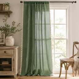 Vintage Green Cotton Linen Curtains With Tassel, Rod Pocket Semi Blackout Window Drape - thumbnail 3