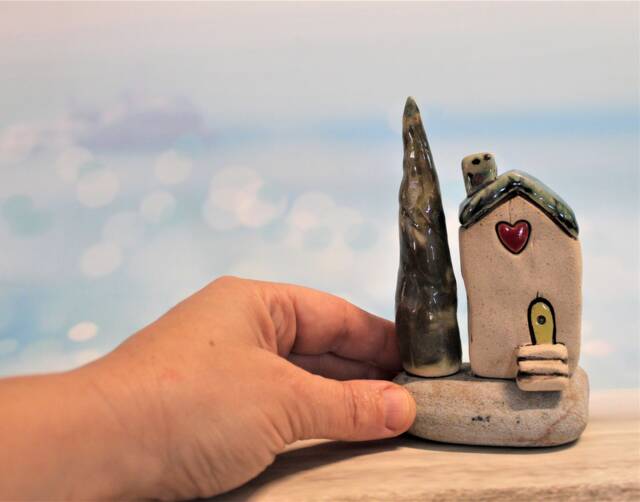 Miniature Green Purple Ceramic House & Tree Natural Beach Stone Sculpture - image 1