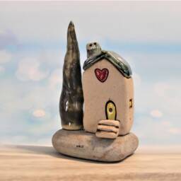 Miniature Green Purple Ceramic House & Tree Natural Beach Stone Sculpture - thumbnail 3