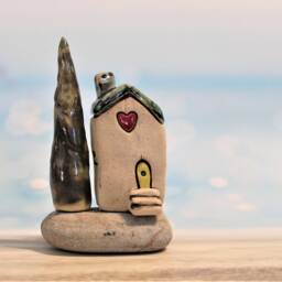 Miniature Green Purple Ceramic House & Tree Natural Beach Stone Sculpture - thumbnail 2