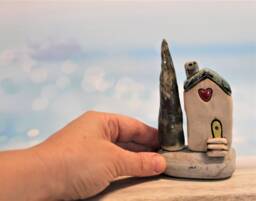 Miniature Green Purple Ceramic House & Tree Natural Beach Stone Sculpture - thumbnail 1