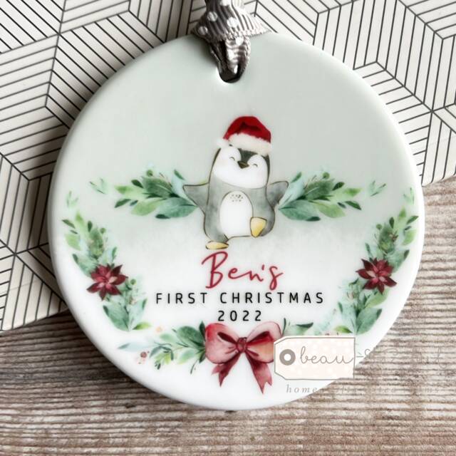 Personalised 1st First Christmas Penguin Santa Hat Signpost Acrylic Or Ceramic Round Ornament Keepsake Tree Decoration Gift