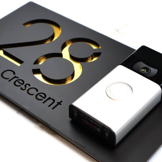 K Smart Sign - Bellissima Db Ring Nest Video Wifi Door-Bell Mount Plate Laser 3D Matt Dark Gray & Gold Mirror Door Number House Plaques - image 1