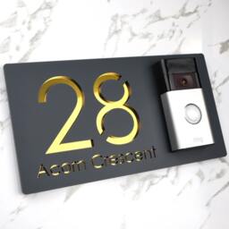 K Smart Sign - Bellissima Db Ring Nest Video Wifi Door-Bell Mount Plate Laser 3D Matt Dark Gray & Gold Mirror Door Number House Plaques - thumbnail 2