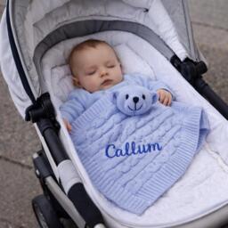 Personalised Baby Comforter, Cable Knit Blue Teddy, Personalized Stuffie Blankie, New Gift - thumbnail 1