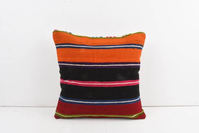 Vintage Turkish Kilim Pillow Cover Handwoven Wool Cushion - 16x16 - image 1