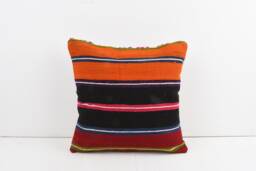 Vintage Turkish Kilim Pillow Cover Handwoven Wool Cushion - 16x16 - thumbnail 1