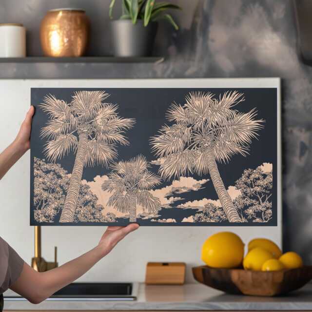 Palm Tree Canopies Wall Art - Engraved Wooden Lithograph, Tropical Nature Print, Coastal Home Decor, Beach House Hanging - image 1