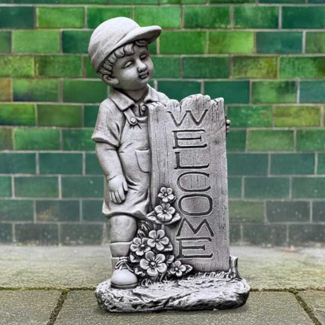 Stone Boy With Welcome Sign Statue Concrete Child Figurine Front Door Garden Sculpture Outdoor Ornament Cement Yard Art Decor - image 1