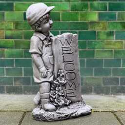 Stone Boy With Welcome Sign Statue Concrete Child Figurine Front Door Garden Sculpture Outdoor Ornament Cement Yard Art Decor - thumbnail 3