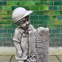 Stone Boy With Welcome Sign Statue Concrete Child Figurine Front Door Garden Sculpture Outdoor Ornament Cement Yard Art Decor - thumbnail 2