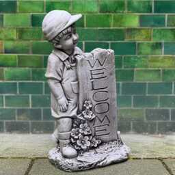 Stone Boy With Welcome Sign Statue Concrete Child Figurine Front Door Garden Sculpture Outdoor Ornament Cement Yard Art Decor - thumbnail 4