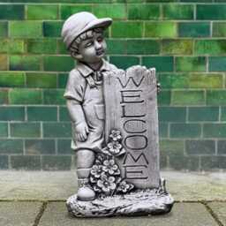 Stone Boy With Welcome Sign Statue Concrete Child Figurine Front Door Garden Sculpture Outdoor Ornament Cement Yard Art Decor - thumbnail 1