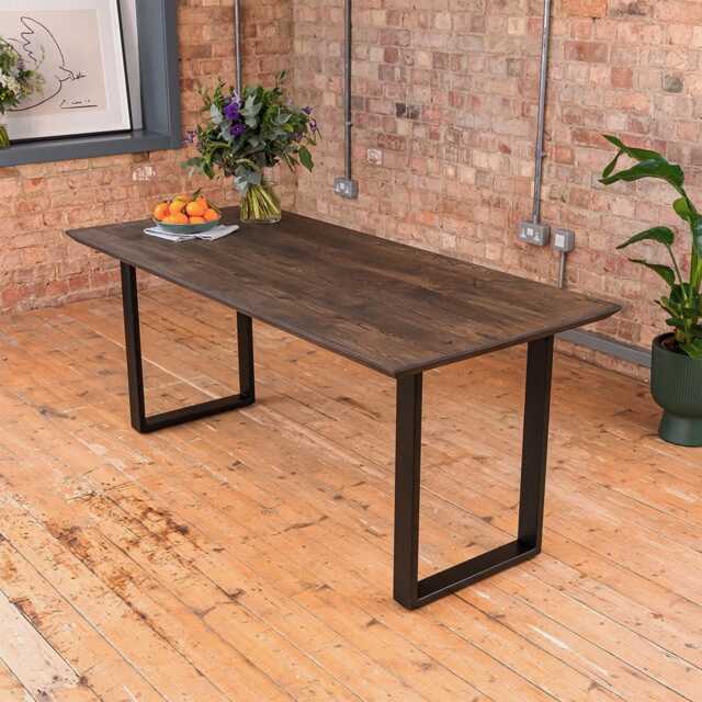 Premium Solid Oak Dining Table - Charcoal Hand Finished 40mm Thick Dark Wood Top With Industrial Black Square Legs, Wooden - image 1