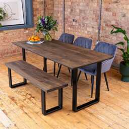 Premium Solid Oak Dining Table - Charcoal Hand Finished 40mm Thick Dark Wood Top With Industrial Black Square Legs, Wooden - thumbnail 2