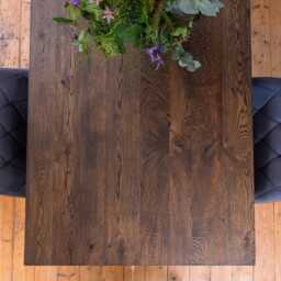 Premium Solid Oak Dining Table - Charcoal Hand Finished 40mm Thick Dark Wood Top With Industrial Black Square Legs, Wooden - thumbnail 3