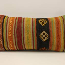 Turkish Kilim Pillow Cover, Wool Lumbar Cushion, 12x24 Inches - thumbnail 2