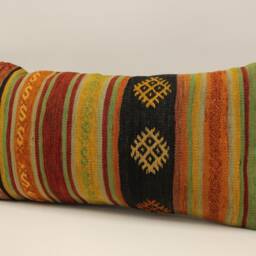 Turkish Kilim Pillow Cover, Wool Lumbar Cushion, 12x24 Inches - thumbnail 3