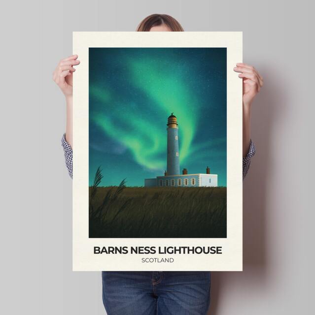 Barns Ness Lighthouse Featuring The Northern Lights - Travel Poster Wall Art - image 1