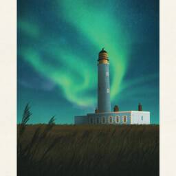 Barns Ness Lighthouse Featuring The Northern Lights - Travel Poster Wall Art - thumbnail 2