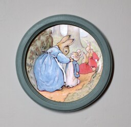 Beatrix Potter Round Wooden Framed Art Print Nursery Picture Wall Hanging Plaque Mrs Rabbit & Little Ones Illustration Duck Egg - thumbnail 1