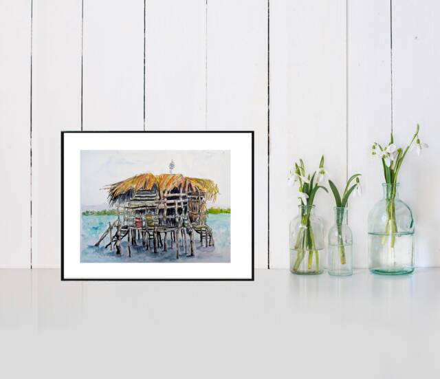 "Art Painting Watercolor Landscape Shabby Rustic Tropical Bar Caribbean Sea Jamaica Print - ""Pelican No. 1" - image 1