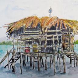 "Art Painting Watercolor Landscape Shabby Rustic Tropical Bar Caribbean Sea Jamaica Print - ""Pelican No. 1" - thumbnail 2