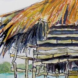 "Art Painting Watercolor Landscape Shabby Rustic Tropical Bar Caribbean Sea Jamaica Print - ""Pelican No. 1" - thumbnail 3