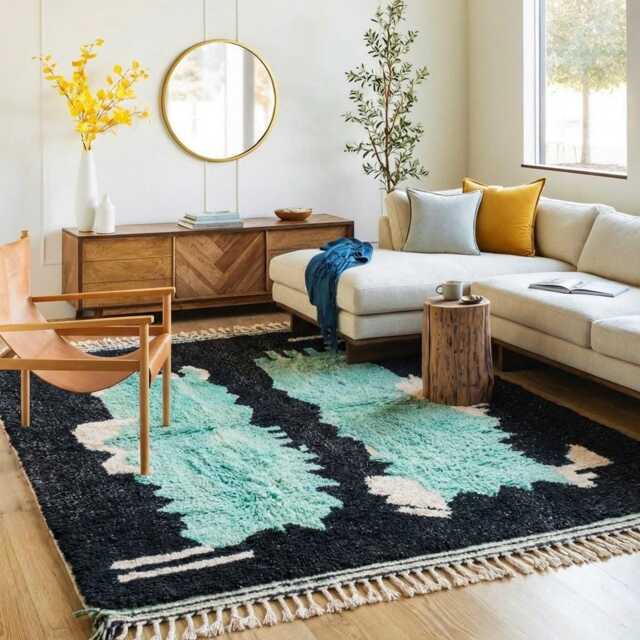 Moroccan Black & Green Berber Rug, Handwoven Wool Shag Rug With Abstract Lines, Authentic Beni Ourain Style Carpet, Large 9x12 Area - image 1