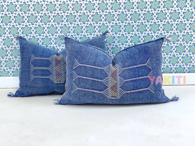 Yakiti-Blue Square Moroccan Pillows, Aka Cactus Silk Pillow, Decorative Pillows, Sabra Pillows, Moroccan Decor Designer Cactus - image 1