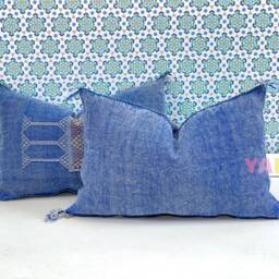 Yakiti-Blue Square Moroccan Pillows, Aka Cactus Silk Pillow, Decorative Pillows, Sabra Pillows, Moroccan Decor Designer Cactus - thumbnail 2