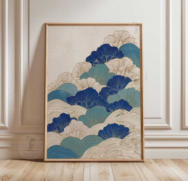 Blue & Teal Botanical Poster Print - Japanese Wave Pattern Wall Art Nature Illustration Decor - image 1