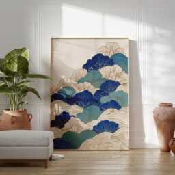 Blue & Teal Botanical Poster Print - Japanese Wave Pattern Wall Art Nature Illustration Decor - thumbnail 3