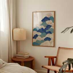 Blue & Teal Botanical Poster Print - Japanese Wave Pattern Wall Art Nature Illustration Decor - thumbnail 2