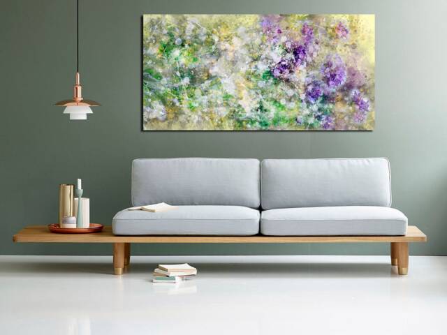 Green Purple Pastel Violet Pale Flowers Floral Splash Wide Canvas Print Abstract Picture Wall Art Panoramic Long Modern Home Free Delivery - image 1