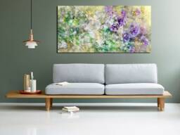 Green Purple Pastel Violet Pale Flowers Floral Splash Wide Canvas Print Abstract Picture Wall Art Panoramic Long Modern Home Free Delivery - thumbnail 1