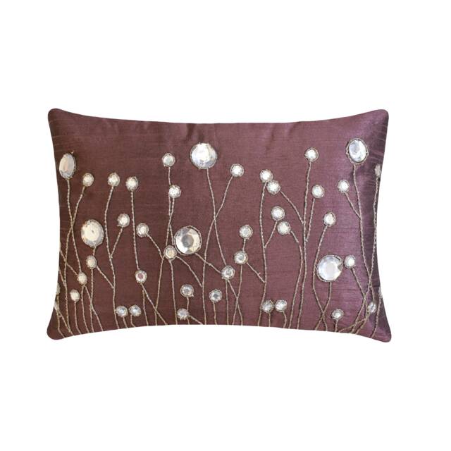 Decorative Oblong/Lumbar Rectangle Pillow Covers Accent Couch Sofa 12x16 Plum Silk Crystal Bead Embroidered - Bling - image 1
