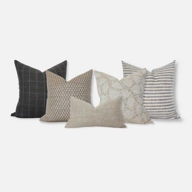 Gray Tan Pillows For Sofa, Livingroom Pillow Set Of 5, Floral & Plaid Designer Pillows, Neutral Couch Throw -- Sydney - image 1
