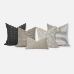 Gray Tan Pillows For Sofa, Livingroom Pillow Set Of 5, Floral & Plaid Designer Pillows, Neutral Couch Throw -- Sydney - thumbnail 1