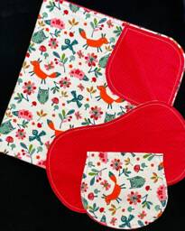Fox Bird Mushroom Hemstitch Receiving Blanket & 2 Burp Cloths, Crochet, Woodland Flowers, Red Orange, Double Sided Flannel 40x40, Baby Gift
