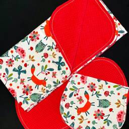 Fox Bird Mushroom Hemstitch Receiving Blanket & 2 Burp Cloths, Crochet, Woodland Flowers, Red Orange, Double Sided Flannel 40x40, Baby Gift - thumbnail 3